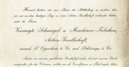 Certificate of merger that produced the modern Vereinigte Schmirgel- und Maschinen- Fabriken AG